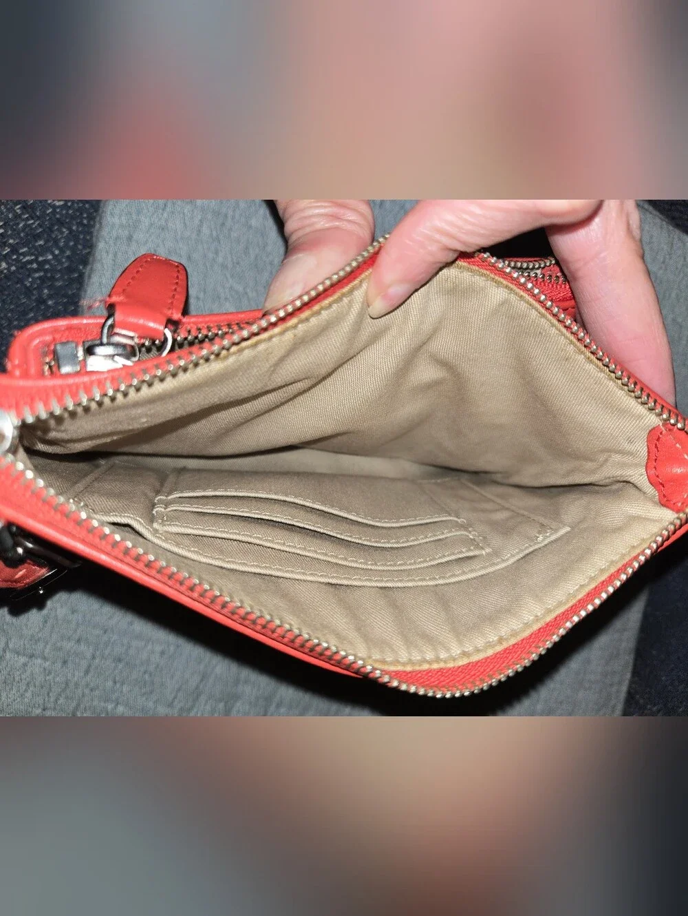Coach Coral Red Leather Double Zip Wristlet